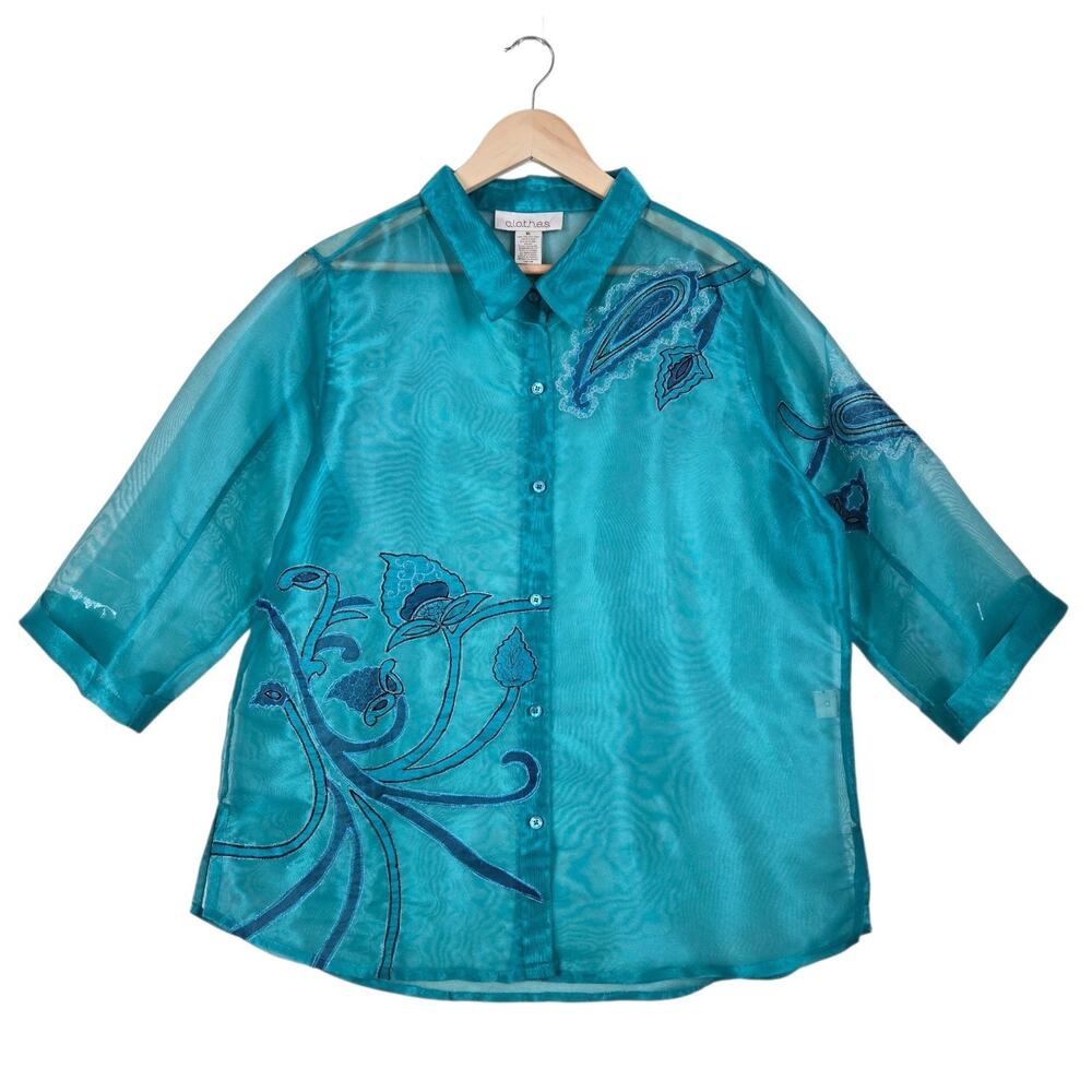 c.l.o.t.h.e.s. Top XL Teal Sheer Organza Embroidered Paisley Artistic Boutique